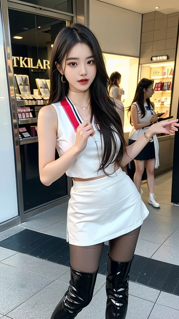 (((random composition : 1.2))), (realistic), (intricate details:1.2), (masterpiece、:1.3), (top quality:1.4), (Ultra A high resolution:1.2), Ultra A high resolution, 8K resolution, very detailed expression, (high quality), complete anatomy, natural anatomy, (full body photo:1.2), (1 korean girl), (In front of a cosmetics store's enterance :1.4), (She is promoting her new opening store.:1.5), (she Dancing femininely and sexyly : 1.4),(wearing in ear a microphone),(she doing promotional narration with mic while dancing K-pop..:1.4), (Event girl dispatched for business promotion purposes : 1.6), she is 21 years old, (she is korean:1.6), (beautiful : 1.4), (brightly colored hair), (She is Narrator model : 1.4), (She is Companion : 1.4),(She is event assistant : 1.4), (big earrings), (in-ear microphone : 1.4), heavy makeup, cheerful expression, choker necklace, long legs, (The girl is wearing a slim, sleeveless racing girl uniform and a tight, shiny miniskirt. : 1.4), (She is wearing flesh-colored shiny pantyhose under her skirt and white overknee boots. :1.4), glowing skin, passionate promotional model, friendly smile, (Making eye contact with each other :1.4), kidney practitioner, multiple wreaths, event roulette, signboard, woofer speakers, performance equipment, event product promotion, Lots of people passing by on the street and paying attention to her., In front of the shopping mall in crowed
