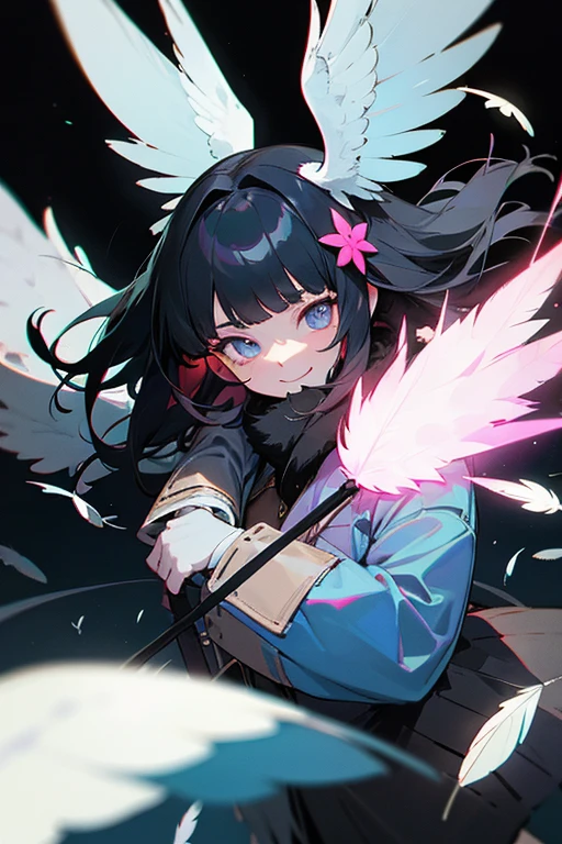 1 girl, wide, black fur, cabello rLook like, Alone, open Look likes, Look like_face mask, head wings, hair ornament, blunt bangs, light blue spotlight shining downwards, feathers, Dark, falling feathers, devil, Mysterious, black background, wind, smiling, Jacket, top down view, View from above, wide bright neon pink Look likes, looking at the viewer, crazy expression, instead, glowing Look likes, with military uniform clothes attached