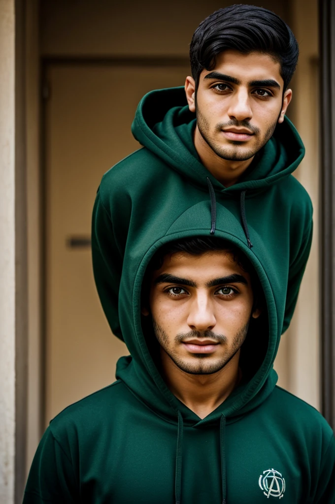 A 23-year-old Iranian man with slightly light hair, green eyes, and a black hoodie with the word ATOM written on it in green, and an Iranian school is behind this boy.