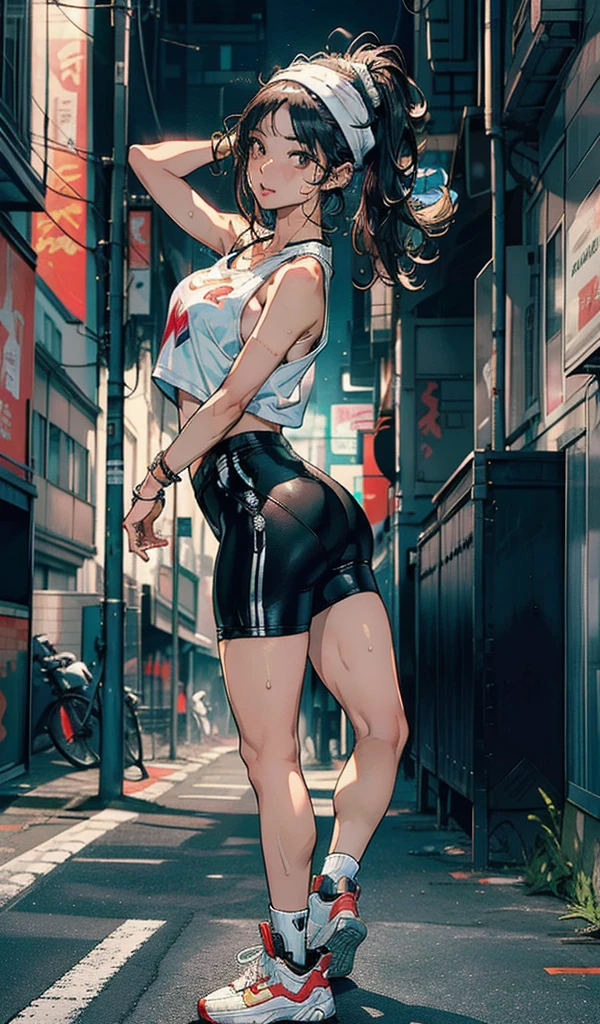 (Highest quality、High resolution、8K、Precision、masterpiece: 1.2)。Woman dancing hip hop dance、High level break dancing。(1 Beautiful Dancer：Natural Makeup、Durag、sneakers、Oversized、Breakdancer、Her hair is also dancing、Glowing Skin、The movement of dance、Sweat、teeth、Sweatをかく、Sweatが飛び散る、Hip Hop Fashion、Dynamic Motion)、Thick line drawing、Dynamic depiction、A street dance battle in a back alley surrounded by concrete walls、Face close-up、