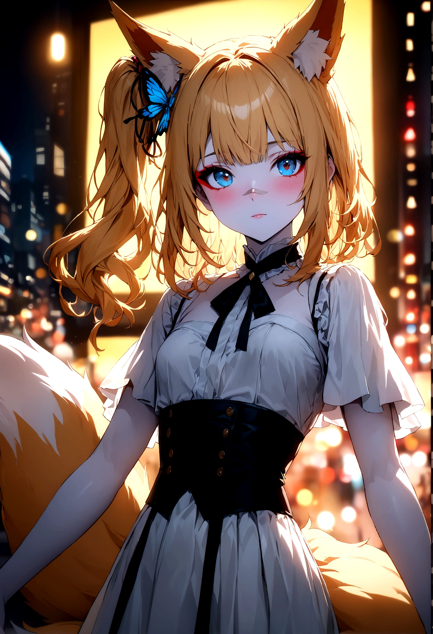 junior,beautiful Finger,beautiful 긴 legs,beautiful body,beautiful Nose,beautiful character design, perfect eye, perfect face,expressive eye,perfect balance, looking at viewer,(Focus on her face),closed mouth, (chaste_big_eye:1.0),(light_laugh:0.3), official art,very detailed CG Unity 8k 벽지, perfect lighting,fancy, bright_front_face_lighting,White skin, (masterpiece:1.0),(best_quality:1.0), ultra high resolution,4K,very detailed, photography, 8 thousand, HDR, mackerel, absurd:1.2, Kodak Portrait 400, film grain, blurred background, bokeh:1.2, lens flare, (vibrant_color:1.2),professional photography, (beautiful,small breasts), (beautiful_face:1.5),(small_waist), blonde ,long hair, side ponytail(right_butterfly hair tie), elegant, (fox ears),nine tailed fox tail, red eyeshadow, 금색 eye동자, femur,漏出femur,white shirt, seoktao art style, city background,night
