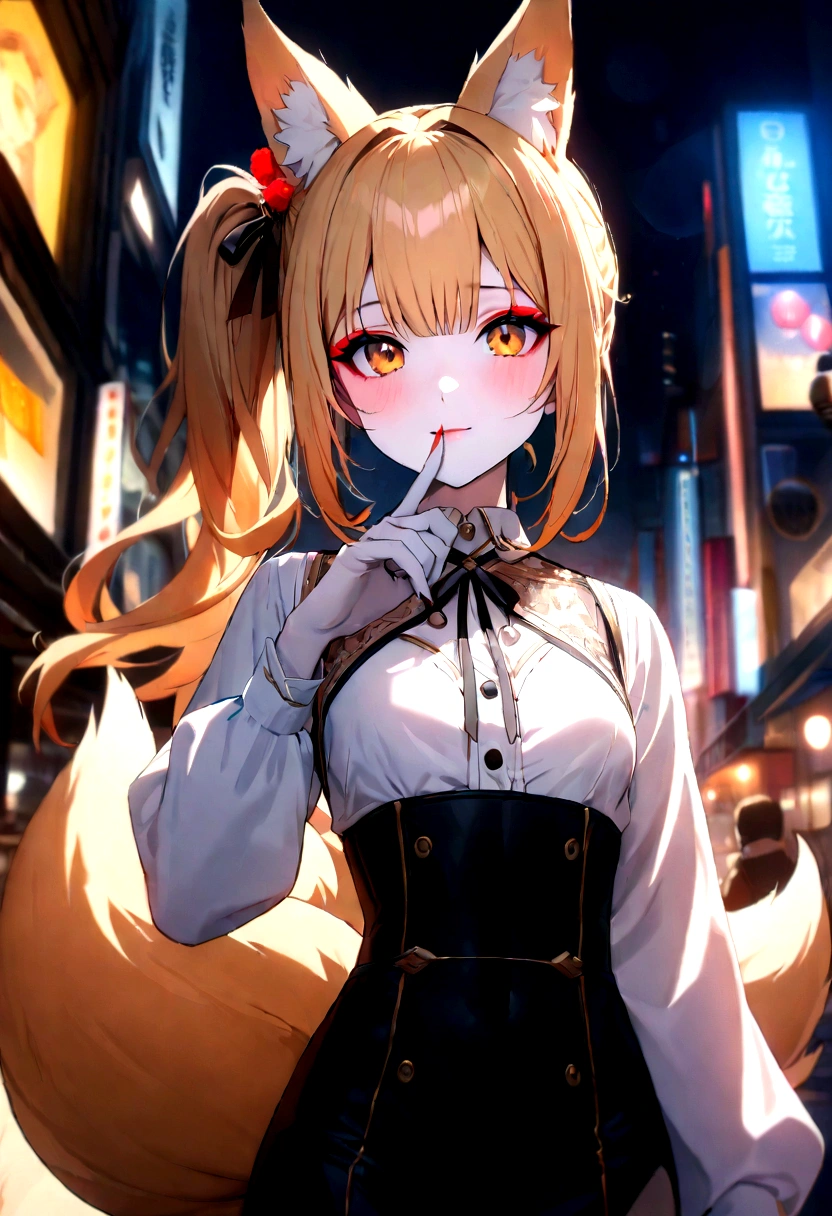 junior,beautiful Finger,beautiful 긴 legs,beautiful body,beautiful Nose,beautiful character design, perfect eye, perfect face,expressive eye,perfect balance, looking at viewer,(Focus on her face),closed mouth, (chaste_big_eye:1.0),(light_laugh:0.3), official art,very detailed CG Unity 8k 벽지, perfect lighting,fancy, bright_front_face_lighting,White skin, (masterpiece:1.0),(best_quality:1.0), ultra high resolution,4K,very detailed, photography, 8 thousand, HDR, mackerel, absurd:1.2, Kodak Portrait 400, film grain, blurred background, bokeh:1.2, lens flare, (vibrant_color:1.2),professional photography, (beautiful,small breasts), (beautiful_face:1.5),(small_waist), blonde ,long hair, side ponytail(right_butterfly hair tie), elegant, (fox ears),nine tailed fox tail, red eyeshadow, 금색 eye동자, femur,漏出femur,white shirt, seoktao art style, city background,night