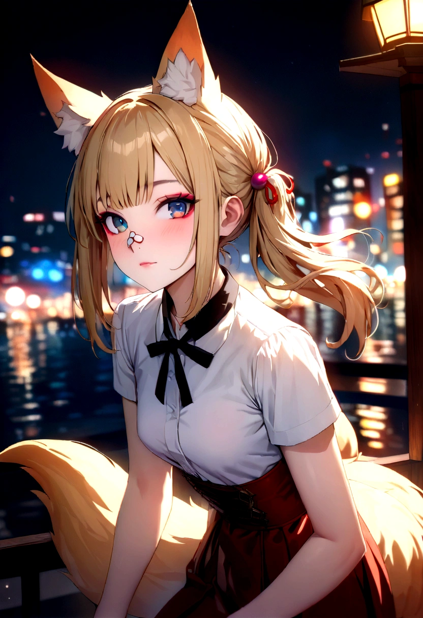 junior,beautiful Finger,beautiful 긴 legs,beautiful body,beautiful Nose,beautiful character design, perfect eye, perfect face,expressive eye,perfect balance, looking at viewer,(Focus on her face),closed mouth, (chaste_big_eye:1.0),(light_laugh:0.3), official art,very detailed CG Unity 8k 벽지, perfect lighting,fancy, bright_front_face_lighting,White skin, (masterpiece:1.0),(best_quality:1.0), ultra high resolution,4K,very detailed, photography, 8 thousand, HDR, mackerel, absurd:1.2, Kodak Portrait 400, film grain, blurred background, bokeh:1.2, lens flare, (vibrant_color:1.2),professional photography, (beautiful,small breasts), (beautiful_face:1.5),(small_waist), blonde ,long hair, side ponytail(right_butterfly hair tie), elegant, (fox ears),nine tailed fox tail, red eyeshadow, 금색 eye동자, femur,漏出femur,white shirt, seoktao art style, city background,night