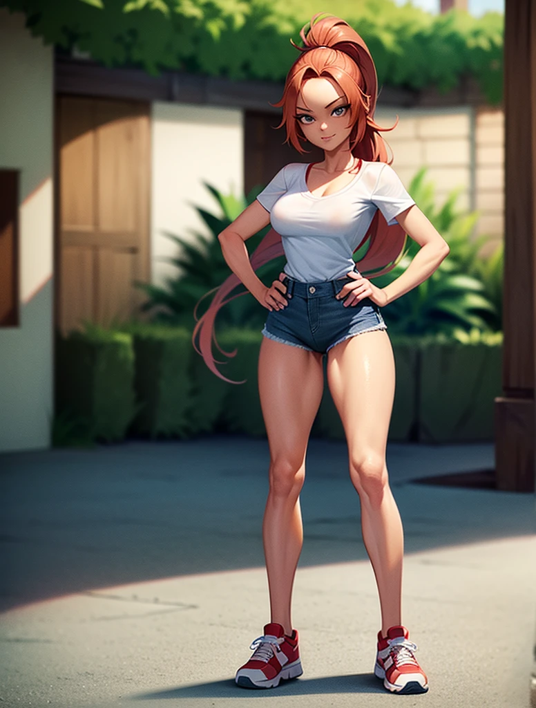 Chica bandicoot, sexy young girl, good body, strong red hair, long ponytail hair, blue eyes, blue jeans, White shirt, white tennis shoes, standing