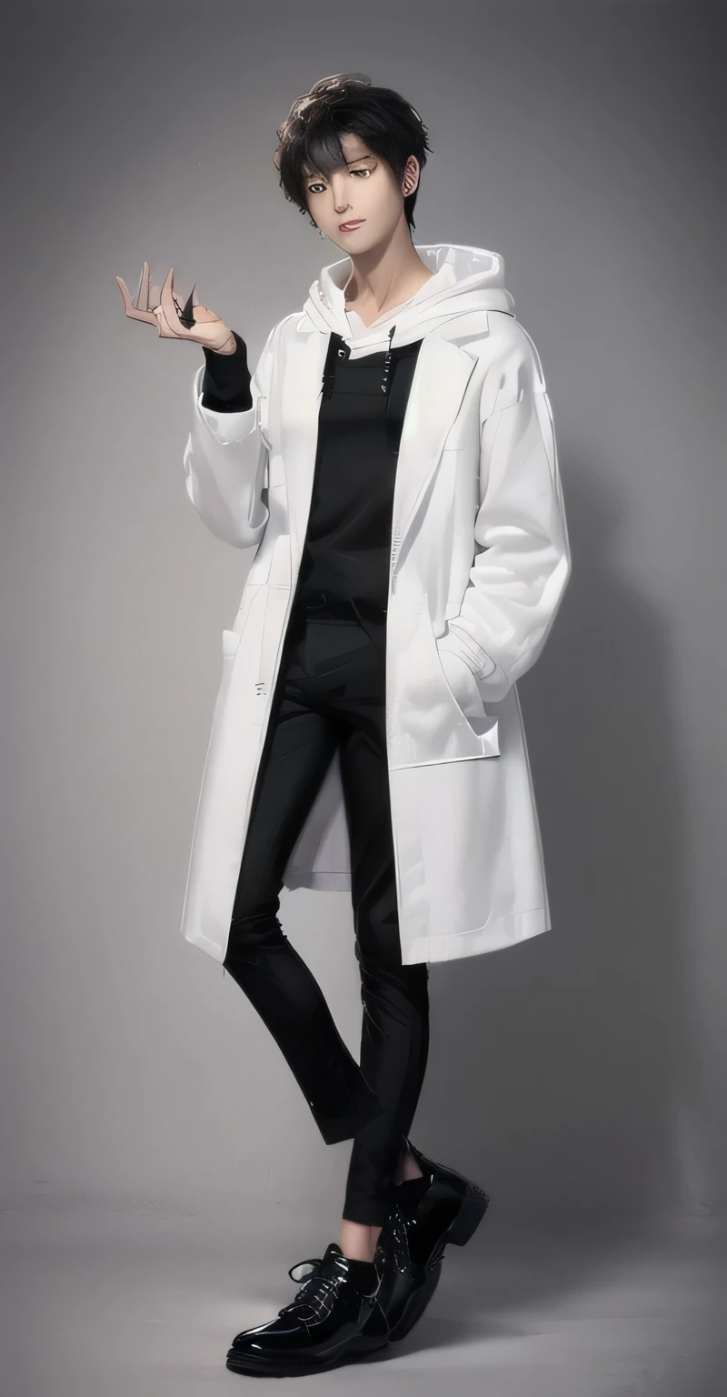 (photorealistic:1.2), (high detail face:1.3), (high detail hands:1.3), (anatomically correct hands:1.2), handsome young asian man, Japanese idol style, short clean-cut hair, ((center part)), (crisp white lab coat:1.3), ((black hoodie underneath:1.7)), (black pants:1.7), (black shoes:1.7), calm confident expression, (holding a product in right hand:1.3), (pointing with left index finger:1.3), explaining pose, plain white background, mid-shot portrait, full body view, high quality, detailed, 8K, (realistic skin texture:1.2), (sharp focus:1.1), (contrast between white coat and black clothing:1.2)