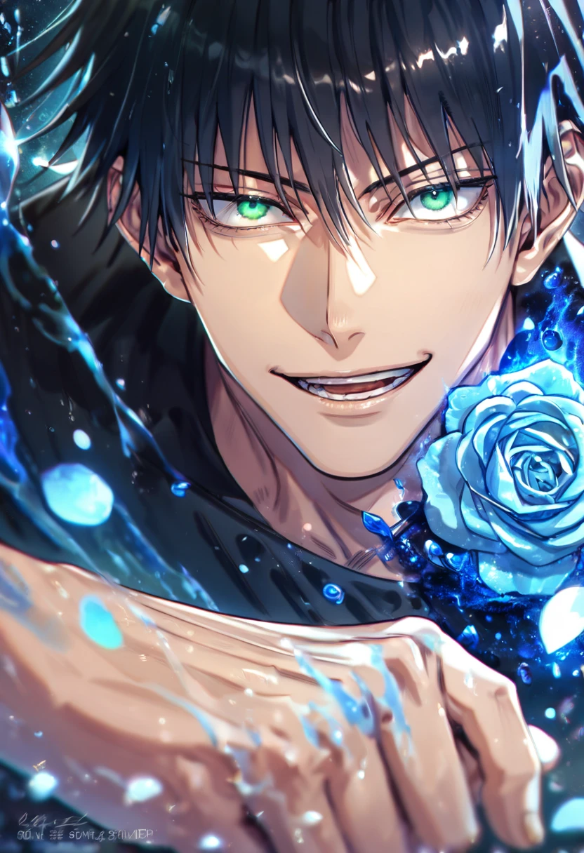Ultra detailed, HDR, Highres, absurdres, master piece, Fushiguro Touji, black hair, expressive green eyes, Jujutsu Kaisen, handsome, sexy man, solo, black tight shirt, blue water, fantasy, magical, cursed energy, blue aura, blue petals, handsome smile, best quality, blue roses, blue fireflies, shining fireflies, blue moon, 8K