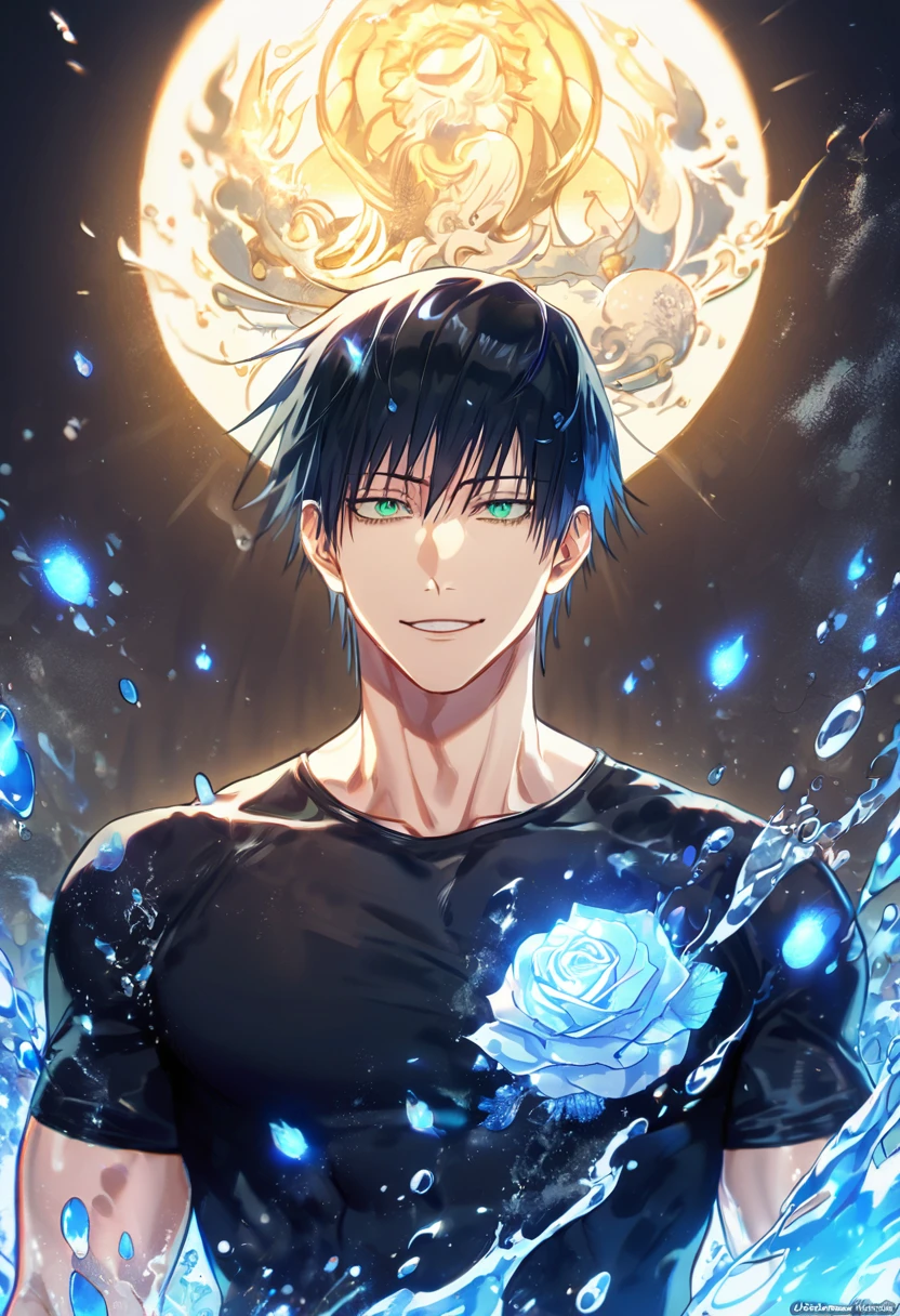 Ultra detailed, HDR, Highres, absurdres, master piece, Fushiguro Touji, black hair, expressive green eyes, Jujutsu Kaisen, handsome, sexy man, solo, black tight shirt, blue water, fantasy, magical, cursed energy, blue aura, blue petals, handsome smile, best quality, blue roses, blue fireflies, shining fireflies, blue moon, 8K