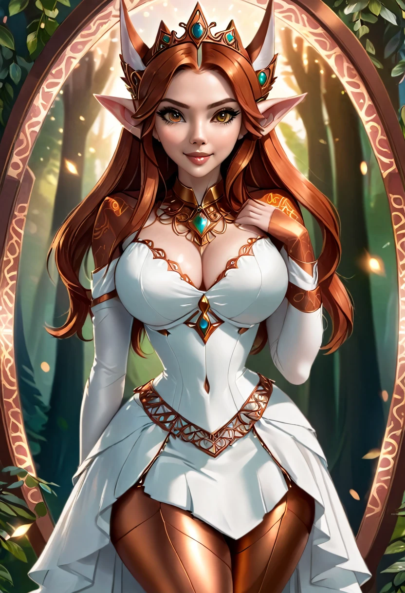Steampunk inspired elven princess. copper wire necklaces and bangles. Crown of fine copper wire. copper coloured tatoos cover her face and body intricate and beautiful designs. LArge pointed ears that end in curlicues. Hands on hips. Ember colored eyes adorned with intricate copper wireing. a Pure white dress, hemmed with copper, covered in copper lace and filligree. cppper designs cover the skirt in a kaleidoscope of intricate copper designs. Background is magical verdant forrest. Her visage is a mesmerizing blend of Alison-Brie, Scarlett-Johansson, and Sydney Sweeney, creating a unique, symmetrical face that exudes elegance and grace. Copper colores face tattoos. Copper colored are, and chest tatoos. Cozy, romantic lighting. Cheerful smile. Copper hair that shimmers and sparkles in the lights. Hourglass figure. copper lips. copper eye shadow.
