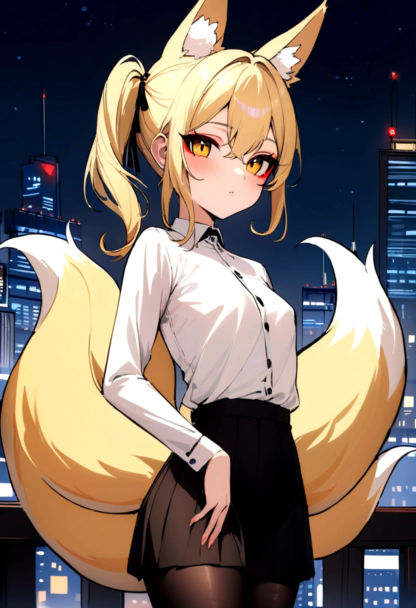 (masterpiece, best quality) junior,detailed, (beautiful,small breasts),Wearing black tights, blonde,long hair, side ponytail, elegant, (fox ears),nine tailed fox tail, red eyeshadow, golden eyes, femur,漏出femur,white shirt, seoktao art style,city background,girl,NIGHT