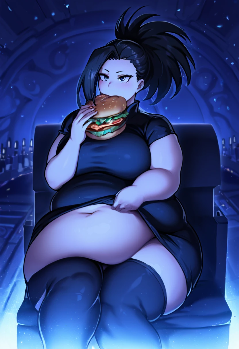 Momo Yaoyorozu from My Hero Academy, girl fat, obese body, big belly, sexy, stockings, black hair, short night dress, night laboratory, night, dark dress, black dress, black stockings, black and black shoes, sitting, eating hamburgers, hamburguers, (Masterpiece:1.2), best quality, high resolution, beautifully detailed, extremely detailed, perfect lighting,
