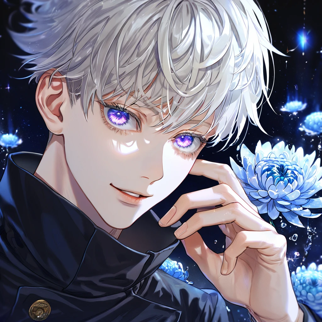 absurdres, highres, ultra detailed, HDR, master piece, best quality, extremely detailed, Inumaki Toge, platinum blonde hair, expressive purple eyes, Jujutsu Kaisen, solo, sexy man, handsome, handsome smile, black uniform with high collar, fantasy, water, sparkling, blue glittering fireflies, blue moon, blue blossoms, blue chrysanthemums, blue sparkling lights, starry sky