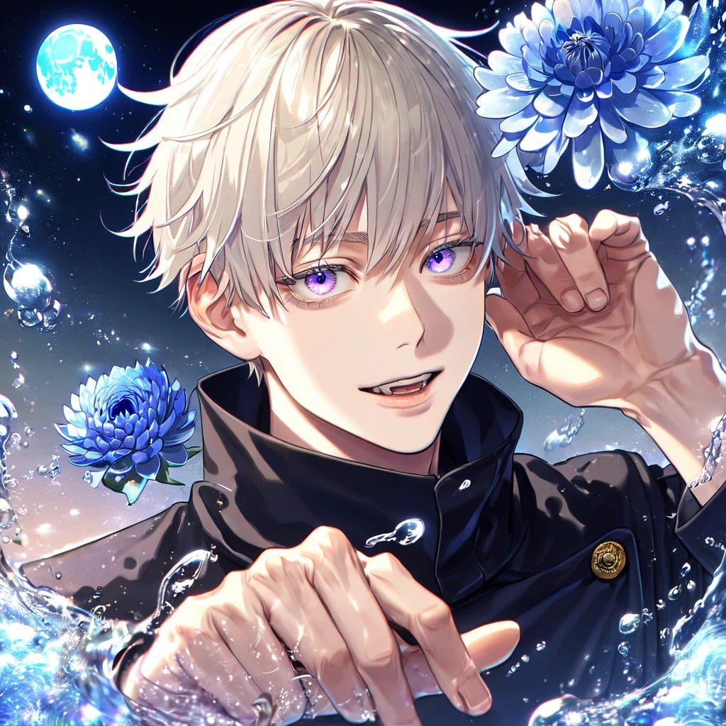 absurdres, highres, ultra detailed, HDR, master piece, best quality, extremely detailed, Inumaki Toge, platinum blonde hair, expressive purple eyes, Jujutsu Kaisen, solo, sexy man, handsome, handsome smile, black uniform with high collar, fantasy, water, sparkling, blue glittering fireflies, blue moon, blue blossoms, blue chrysanthemums, blue sparkling lights, starry sky