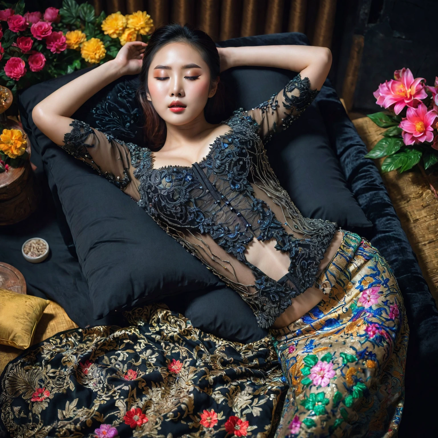 In a striking 8K HDR scene, a stunning Korean woman, 22 years old, lies peacefully in a black coffin surrounded by plush pillows. The deep box is set against a rich black background, accentuating the beauty of the subject. Her exquisite kebaya attire is embroidered with superb detail, showcasing her round and firm breasts, perfect cleavage, and beautiful eyebrows. Her closed eyes and mouth give an air of serenity, while her visible and absolute cleavage leave nothing to imagination. The scene is bathed in saturated colors, highlighting every intricate aspect from the ball skirt to her clean face, straight body, detailed hand perfect hands, straight body.
