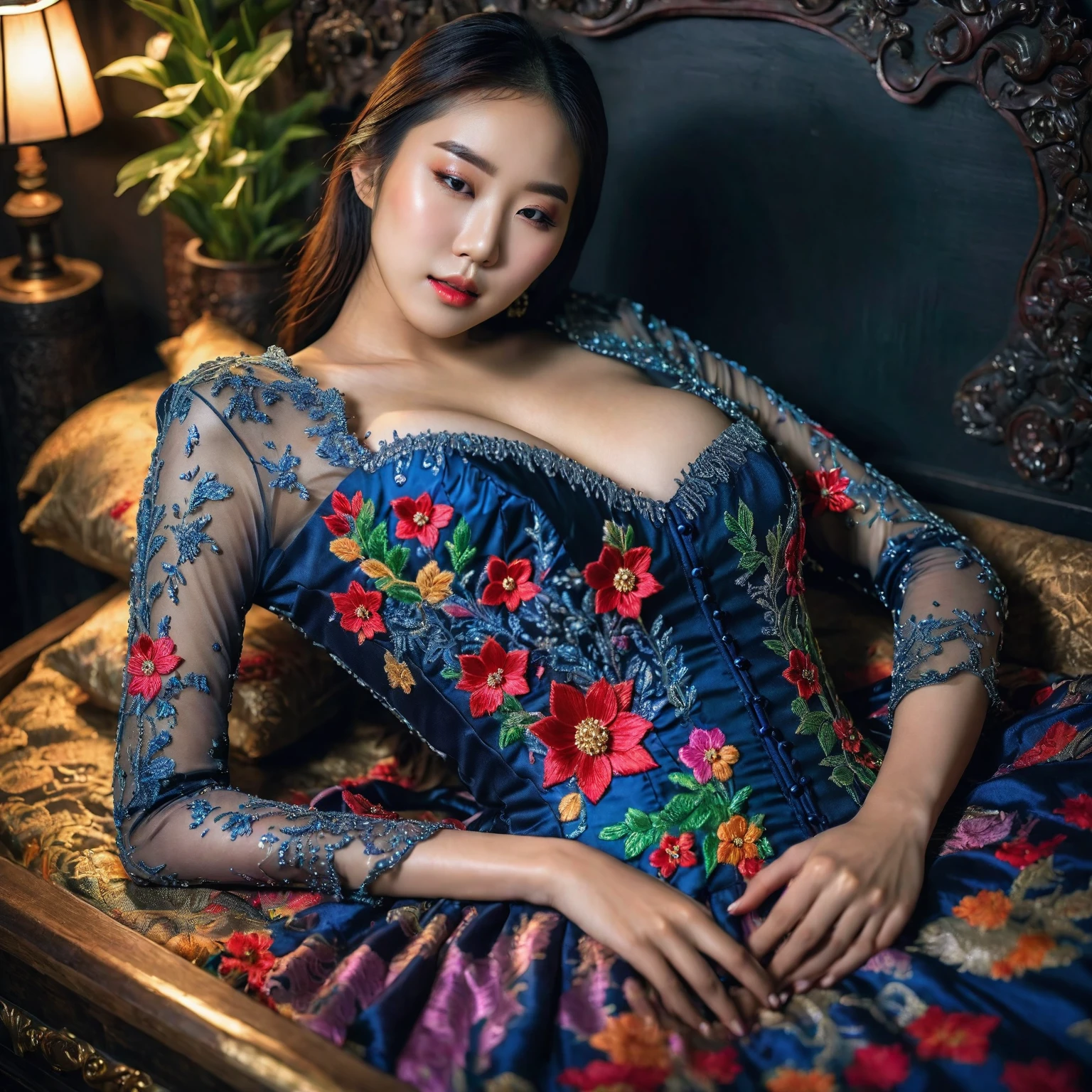 In a striking 8K HDR scene, a stunning Korean woman, 22 years old, lies peacefully in a black coffin surrounded by plush pillows. The deep box is set against a rich black background, accentuating the beauty of the subject. Her exquisite kebaya attire is embroidered with superb detail, showcasing her round and firm breasts, perfect cleavage, and beautiful eyebrows. Her closed eyes and mouth give an air of serenity, while her visible and absolute cleavage leave nothing to imagination. The scene is bathed in saturated colors, highlighting every intricate aspect from the ball skirt to her clean face, straight body, detailed hand perfect hands, straight body.