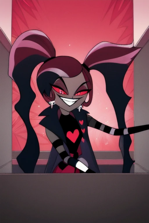 VelvetteHH, 1girl, solo, black jacket, strip pants, dark skin, ponytails, fingerless gloves, girl1, room, red eyes, black shirts, smiling 