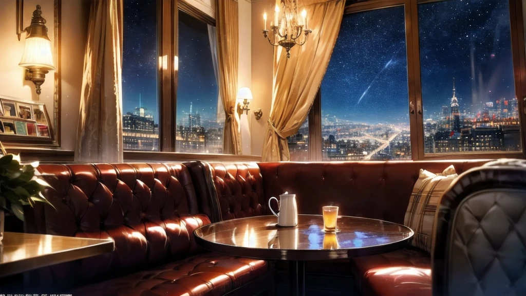 Absurd, High resolution, (Official Art, beautifully、aesthetic:1.2), "A tranquil night scene of a cozy café with warm lights. A person is reading a book, surrounded by the soft glow of lamps, with a cup of coffee on the table. Outside the window, a starry sky and city lights create a calming atmosphere."