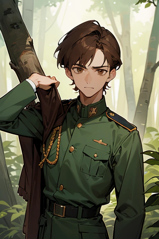 Handsome guy in soldier uniform, brown hair, brown eyes, french, in a fores, slightly smiling annoyed, his haur is slightly long reaching his neck and he's a little shorty, in a forest. Anime style