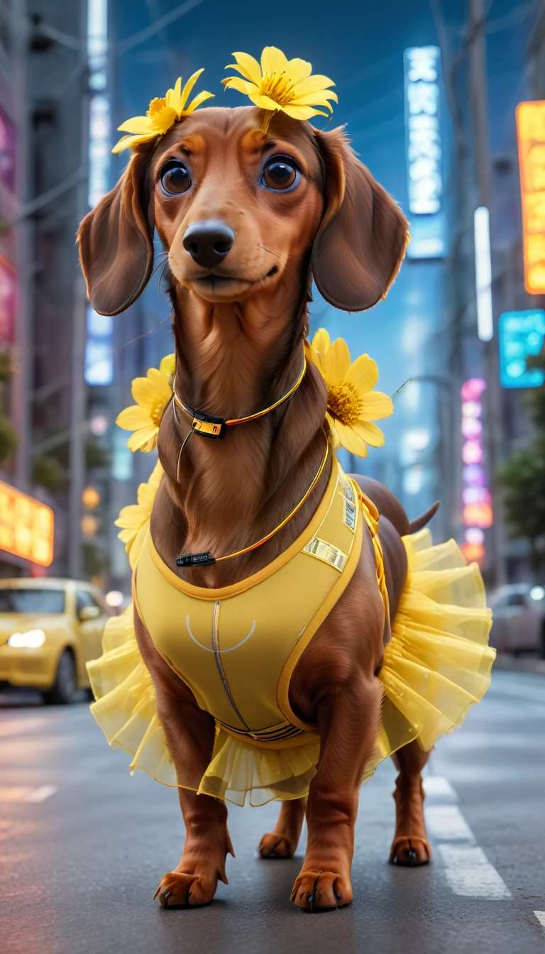 (Cute brown dachshund:1.5) in a yellow tank top and a red flared skirt, with a yellow flower in her hair, standing on the road in a hi-tech cityscape with neon lights and holographic signs. The background has a modern, cyberpunk, hi-tech feel. Lovely digital painting, 3D rendering, bright lighting, vibrant colors.