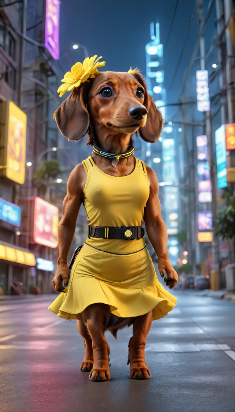 (Cute brown dachshund:1.5) in a yellow tank top and a red flared skirt, with a yellow flower in her hair, standing on the road in a hi-tech cityscape with neon lights and holographic signs. The background has a modern, cyberpunk, hi-tech feel. Lovely digital painting, 3D rendering, bright lighting, vibrant colors.
