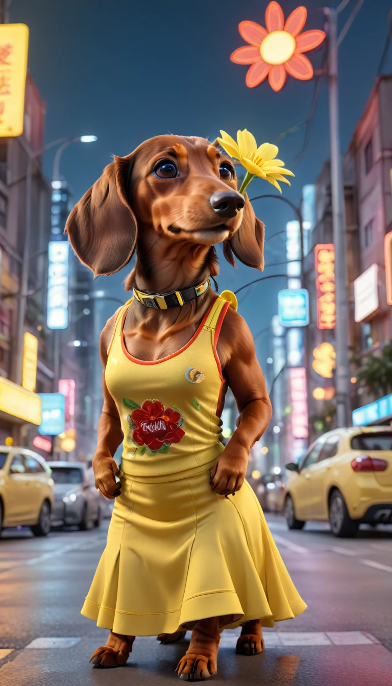 (Cute brown dachshund:1.5) in a yellow tank top and a red flared skirt, with a yellow flower in her hair, standing on the road in a hi-tech cityscape with neon lights and holographic signs. The background has a modern, cyberpunk, hi-tech feel. Lovely digital painting, 3D rendering, bright lighting, vibrant colors.