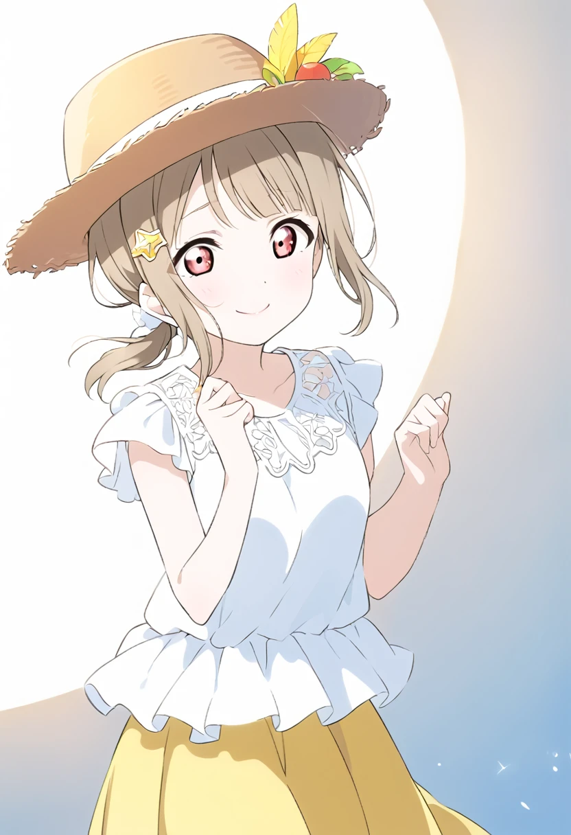((style:Colored pencil))Kasumi Nakasu, lovelive, Yellow-brown hair, Bobcut, short hair, ワンレングスBobcut, Asymmetrical Hair, The right bangs are long,Short Ponytail, Red Eye, Yellow Skirt, White ruffled blouse, No sleeve, panama hat, Double crescent-shaped hair ornament, Towards the right, adult, flare lens, Single, alone, whole body, smile, Shy, Push hair up behind ear, With your right hand, The background is the summer sea.,