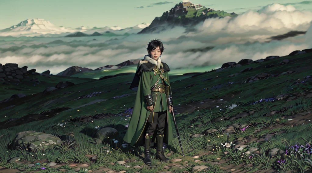 yuichiro hyakuya, (WithoutFear:1), 1 boy, black hair, green eyes, brown coat, gray armor, green shield, green cloak, dark brown gloves, town, white fur trim, anime, standing, good quality, portrait, looking at viewer