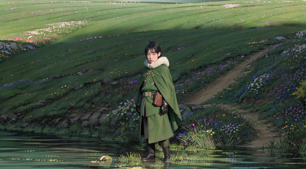 yuichiro hyakuya, (WithoutFear:1), 1 boy, black hair, green eyes, brown coat, gray armor, green shield, green cloak, dark brown gloves, town, white fur trim, anime, standing, good quality, portrait, looking at viewer