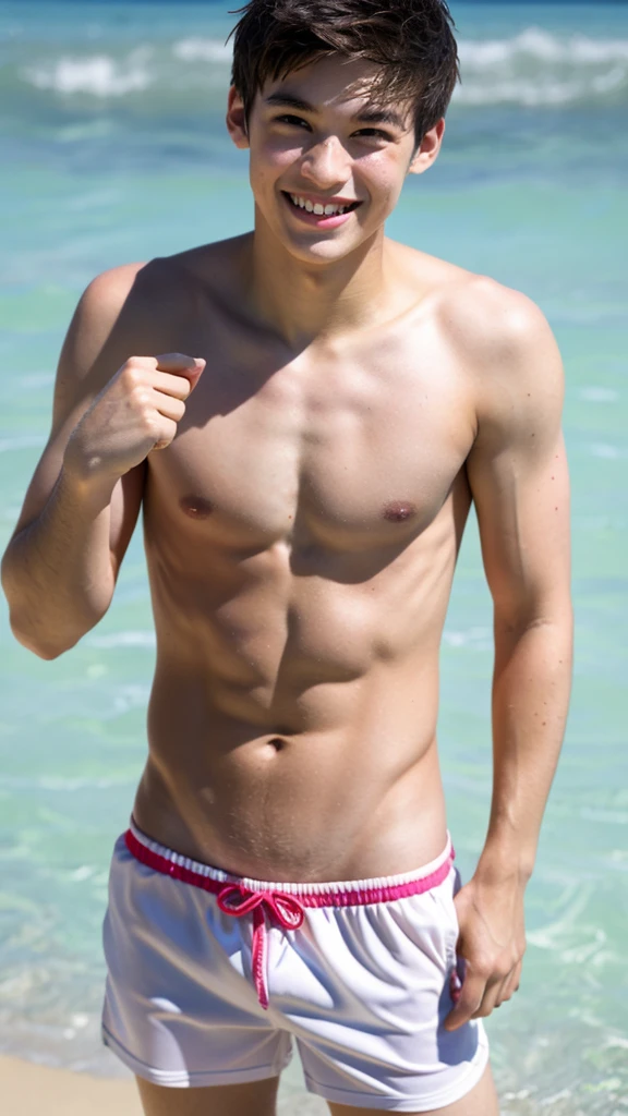 male Age 23 swimwear topless smile cute
