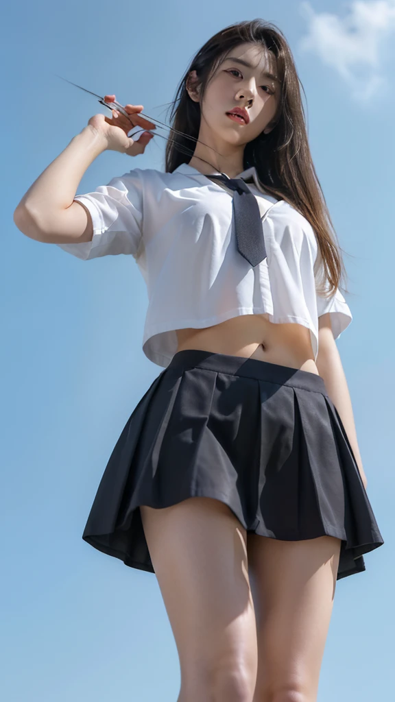 Raw photography:2、 Highest Quality、 realisitic:2、Photorealsitic:2、masterpiece、extremely delicate and beautiful、finely detail、Ultra-detail、hight resolution、Textured skin、1girl in、(独奏:2)、(alone:2)、Japanese high school girl、18year old、(From thigh up)、(beauitful face:1.5)、Adult face、tall、 huge breasts、Brown Long Hair、high school summer uniform、(darkblue miniskirt)、White short-sleeved shirt、neck tie、(Bare legs:1.2)、(Black loafers:1.2)、white panties、(Sky from below:1.5),Cleavage
