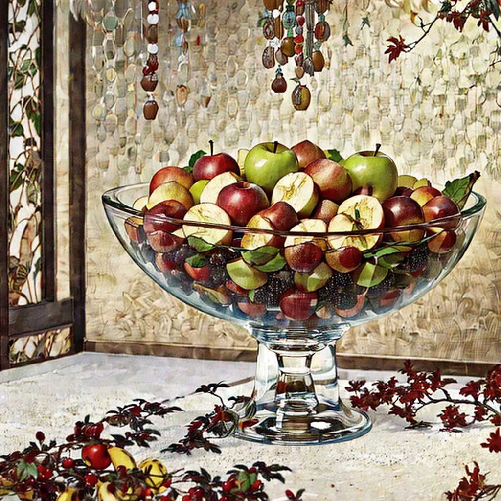 A modern glass bowl containing a vibrant mix of high-quality dog food, including visible pieces of apples and bananas, looking irresistibly tasty