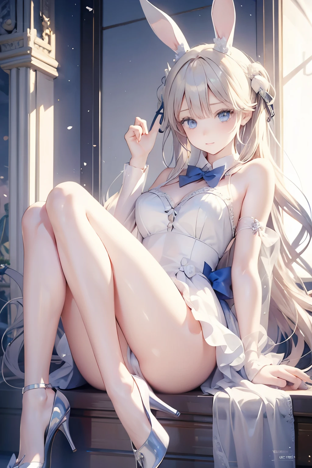 blond,blue eyes,Bunny ears,beautiful girl,High-heeled crystal shoes,Long hair,Two bows,Two braids,白色蕾丝underwear,underwear