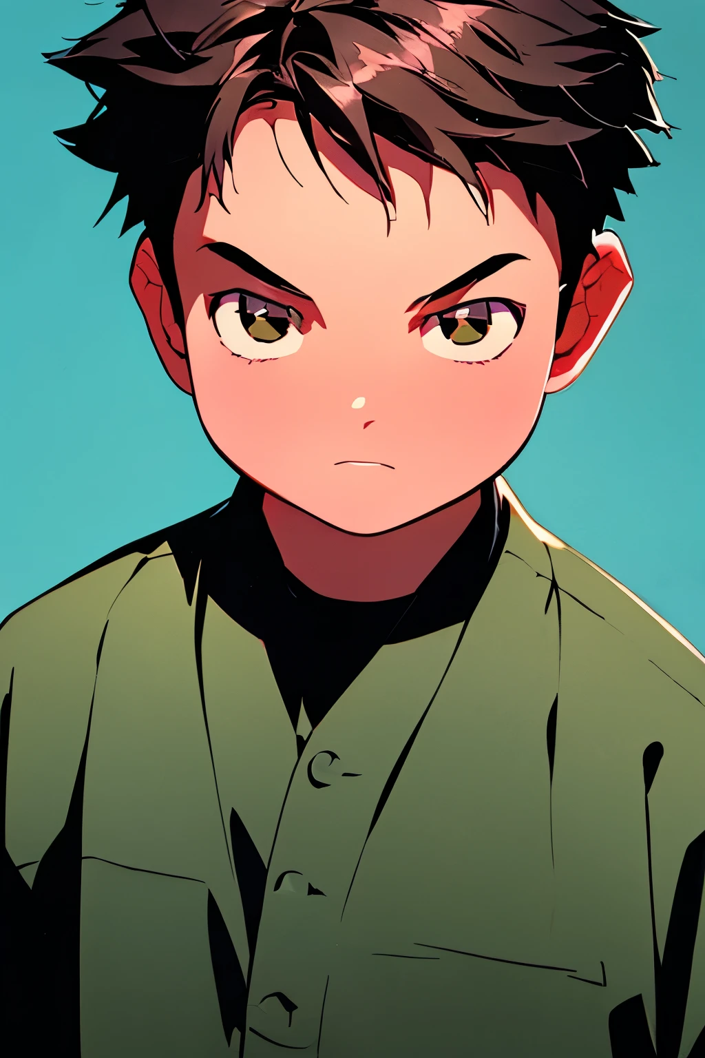 a painting portrait of boy wearing ninja clothes in manhwa style, [Haruyuki Arita] is a kid boy from [Accel World] that has brown short hair in spiky hair style and black eyes close angle, overweight!! teenager, 134 cm (4'4"), 56 kg, dark atmosphere, high definition, masterpiece, best quality, high detail, grain filter, 13 years old, fat