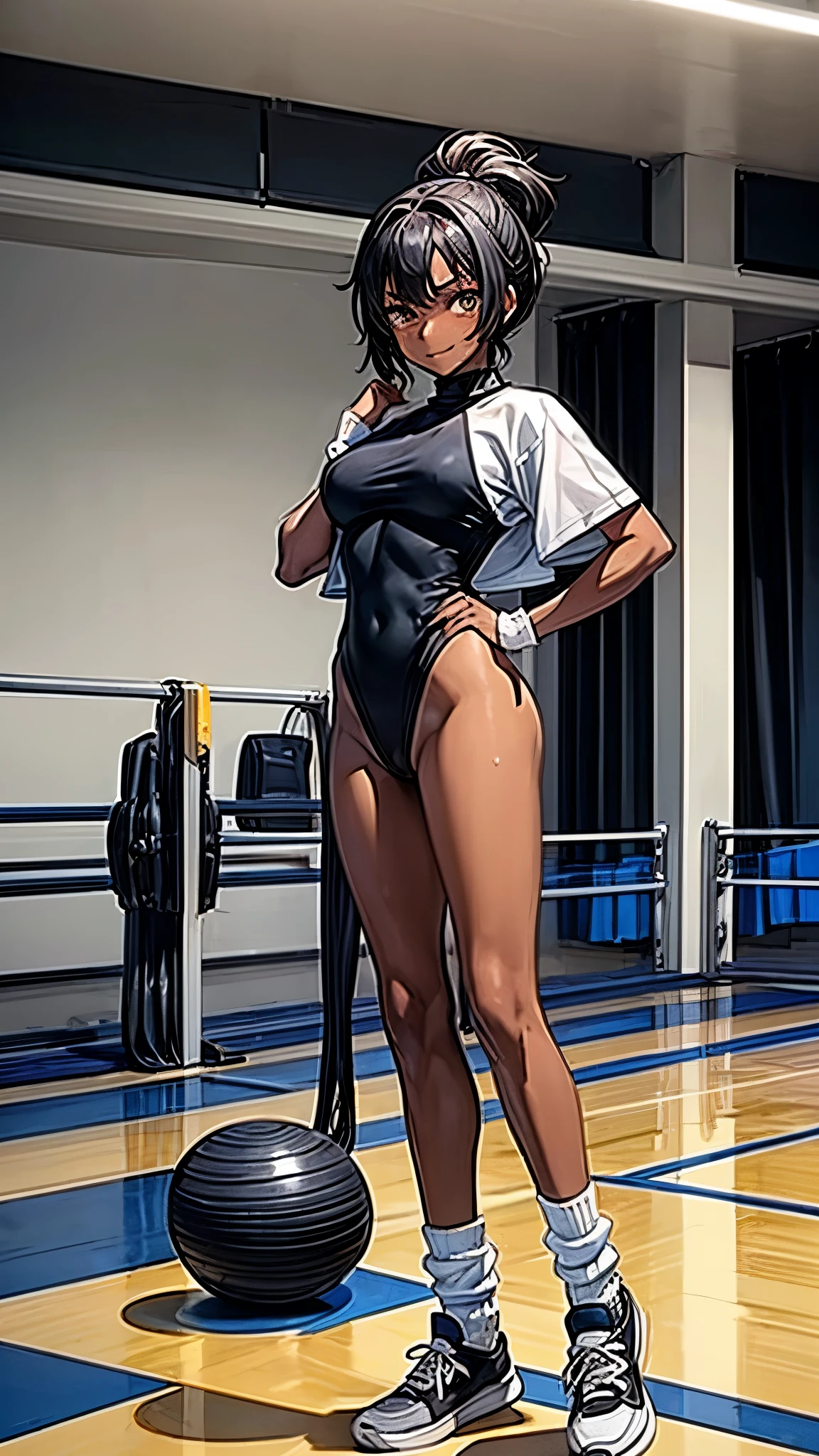 Inside the sports gym,inside the dance studio,One  girl,sweat,dark skin color,short black hair,displeased,sulky,seductive smile,high-neck-leotard,((loose socks)),((loose socks)),(sneaker),bodysuit,standing,spread legs,hands up.