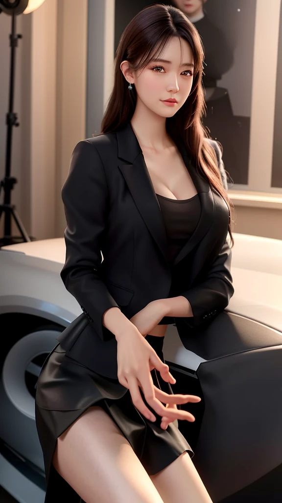 best quality, masterpiece, 1girl, Beautiful face, (photo realistic:1.3), rim lighting, (high detailed skin:1.2), 8k uhd, dslr, high quality, high resolution, 4k, 8k, Bokeh, absurdres, best ratio four finger and one thumb, (realistic:1.3), cute 1girl, wearing black formal blazer, medium breasts, short skirt,