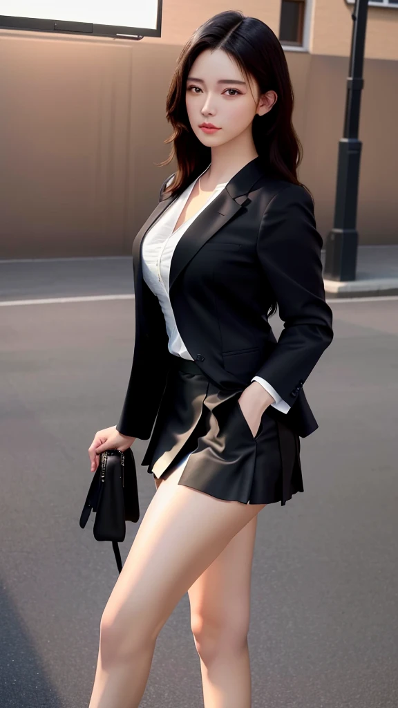 best quality, masterpiece, 1girl, Beautiful face, (photo realistic:1.3), rim lighting, (high detailed skin:1.2), 8k uhd, dslr, high quality, high resolution, 4k, 8k, Bokeh, absurdres, best ratio four finger and one thumb, (realistic:1.3), cute 1girl, wearing black formal blazer, medium breasts, short skirt,