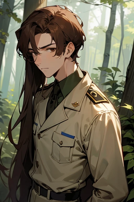 Handsome guy in soldier uniform, brown hair, brown eyes, french, in a fores, slightly smiling annoyed, his haur is slightly long reaching his neck and he's a little shorty, in a forest. Anime style