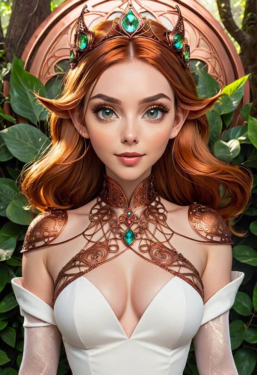 Steampunk inspired elven princess. copper wire necklaces and bangles. Crown of fine copper wire. copper coloured tatoos cover her face and body intricate and beautiful designs. LArge pointed ears that end in curlicues. Hands on hips. Ember colored eyes adorned with intricate copper wireing. a Pure white dress, hemmed with copper, covered in copper lace and filligree. cppper designs cover the skirt in a kaleidoscope of intricate copper designs. Background is magical verdant forrest. Her visage is a mesmerizing blend of Alison-Brie, Scarlett-Johansson, and Sydney Sweeney, creating a unique, symmetrical face that exudes elegance and grace. Copper colores face tattoos. Copper colored are, and chest tatoos. Cozy, romantic lighting. Cheerful smile. Copper hair that shimmers and sparkles in the lights. Hourglass figure. copper lips. copper eye shadow.