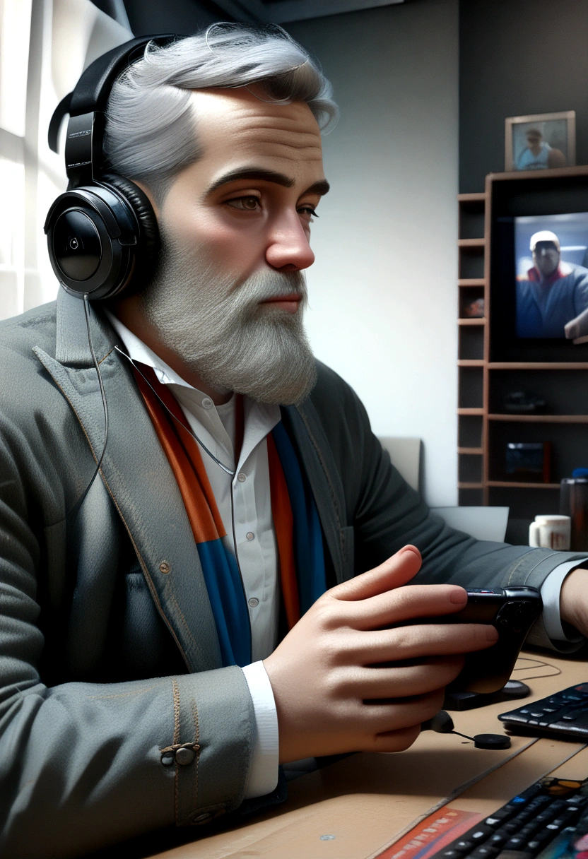 (Best Quality,4k,8k,high resolution,Masterpiece:1.2),ultra detailed,(realist,photorealist,photo-realist:1.37), Tall Man, with a white shirt and gray jacket, medium beard, gray hair , gaming, background with Discord website, headphones, 40s colors, studio lighting