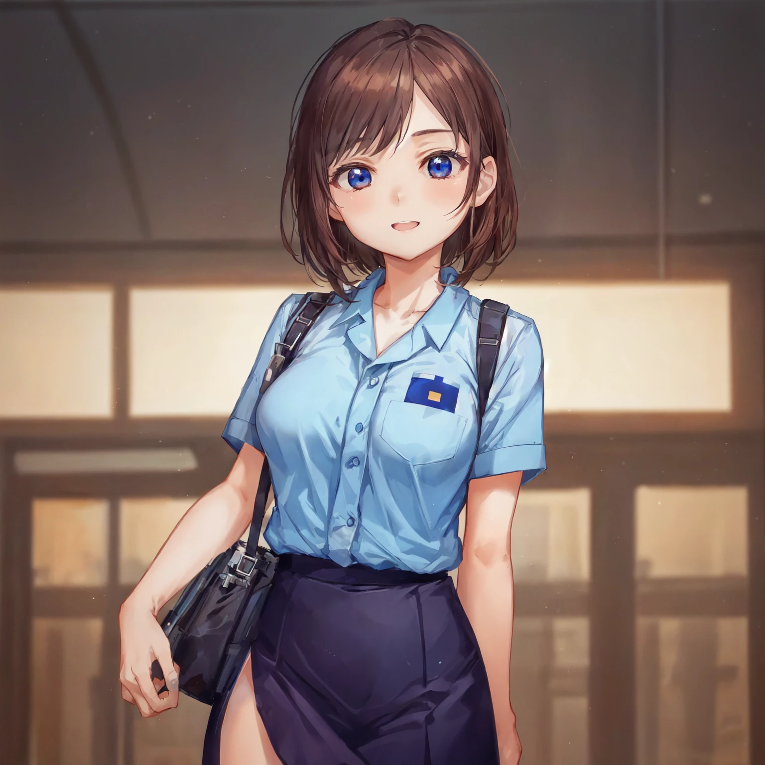 朝,police station,12歳,wink,japanese policewoman,タイトスカート,Cowboy Shot,フォトリアル1;4,shoulder length brown hair,{high quality bra}}, {{beautiful medium size breasts 1:4}},{{schoolgirl}},top quality,cute girl,high quality background, slanted eyes, detailed shirt chest wrinkles,BREAK, {{beautiful blue eye1:4}}, BREAK, five fingers
