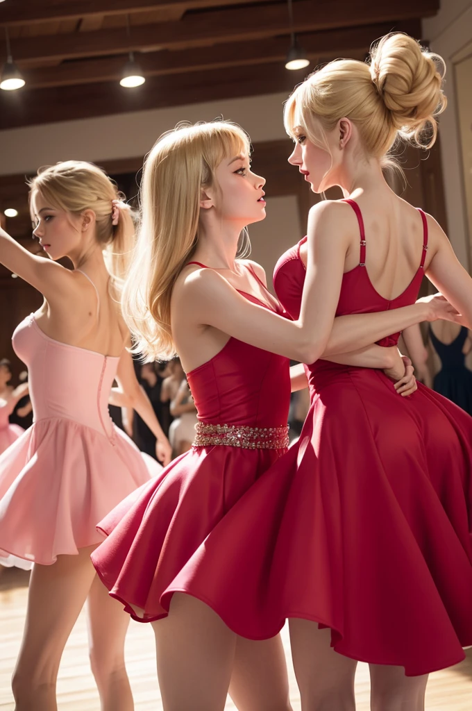 dancing ballet, two blondes in pink dresses and two brunettes in red dresses