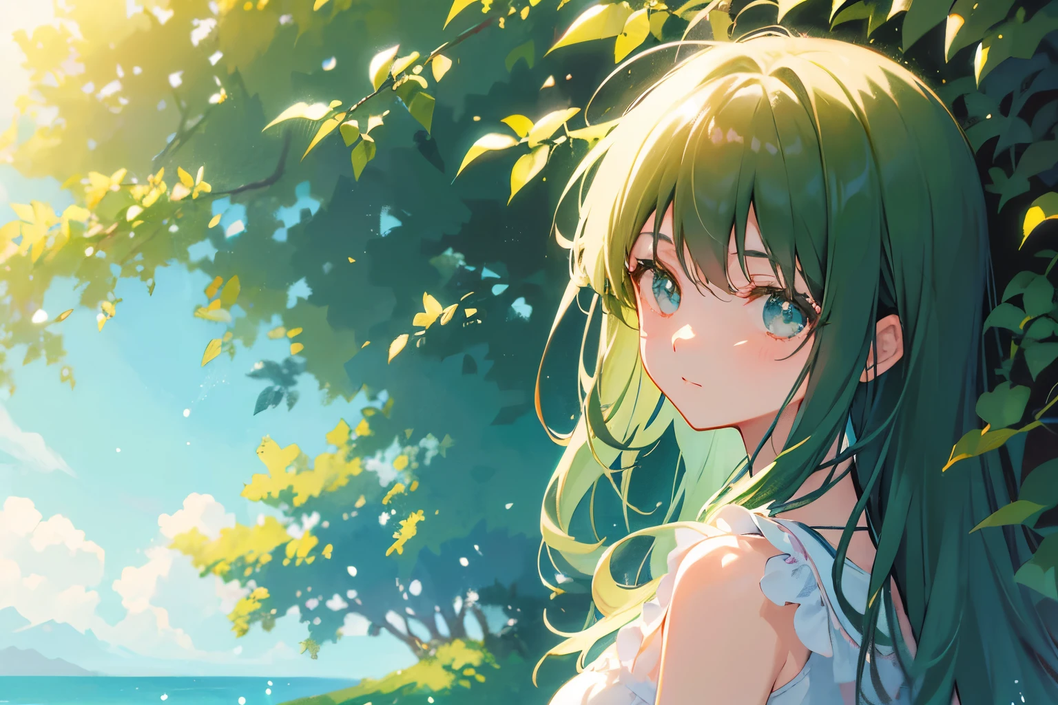 Create exquisite illustrations reminiscent of Makoto Shinkai's style, It has ultra-fine details and top-notch quality. Generate a high-quality illustration depicting a scene of summer where a beautiful girl's hair is blowing in the wind. Ensure that the overall composition exudes a sense of nostalgia and fantasy, with intricate details capturing the essence of a nostalgic summer day. Pay attention to elements such as the gentle breeze ruffling the girl's hair, the warm sunlight casting dappled shadows, and the serene expression on the girl's face as she enjoys the tranquility of the moment. Aim for a finely crafted artwork that transports viewers to a nostalgic and whimsical summer scene. best quality, masterpiece