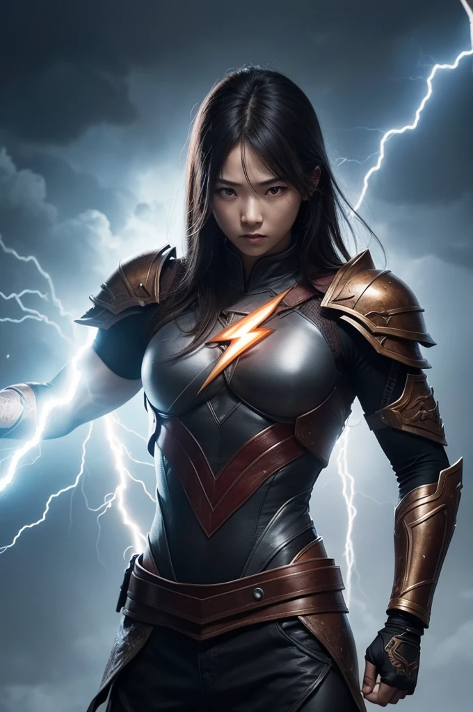 A fighting warrior who controls lightning and thunder, glare eyes