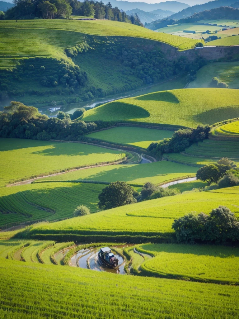best quality,4k,8k,highres,masterpiece:1.2,ultra-detailed,realistic:1.37,rice paddy,beautiful detailed landscape,vivid colors,sparkling water reflections,lush greenery,sun-kissed fields,hazy mountains,farmland stretching into the distance,gentle breeze stirring the crops,subtle play of light and shadow,detail-rich textures,rustling of leaves in the wind,farmer working in the field,tranquil atmosphere,peaceful countryside,hills rolling in the background,serene and idyllic scenery,harvest time approaching,breathtaking natural beauty,swaying stalks of rice,harmonious composition,thoughtful use of negative space,impressive depth of field,artistic portrayal of agricultural life