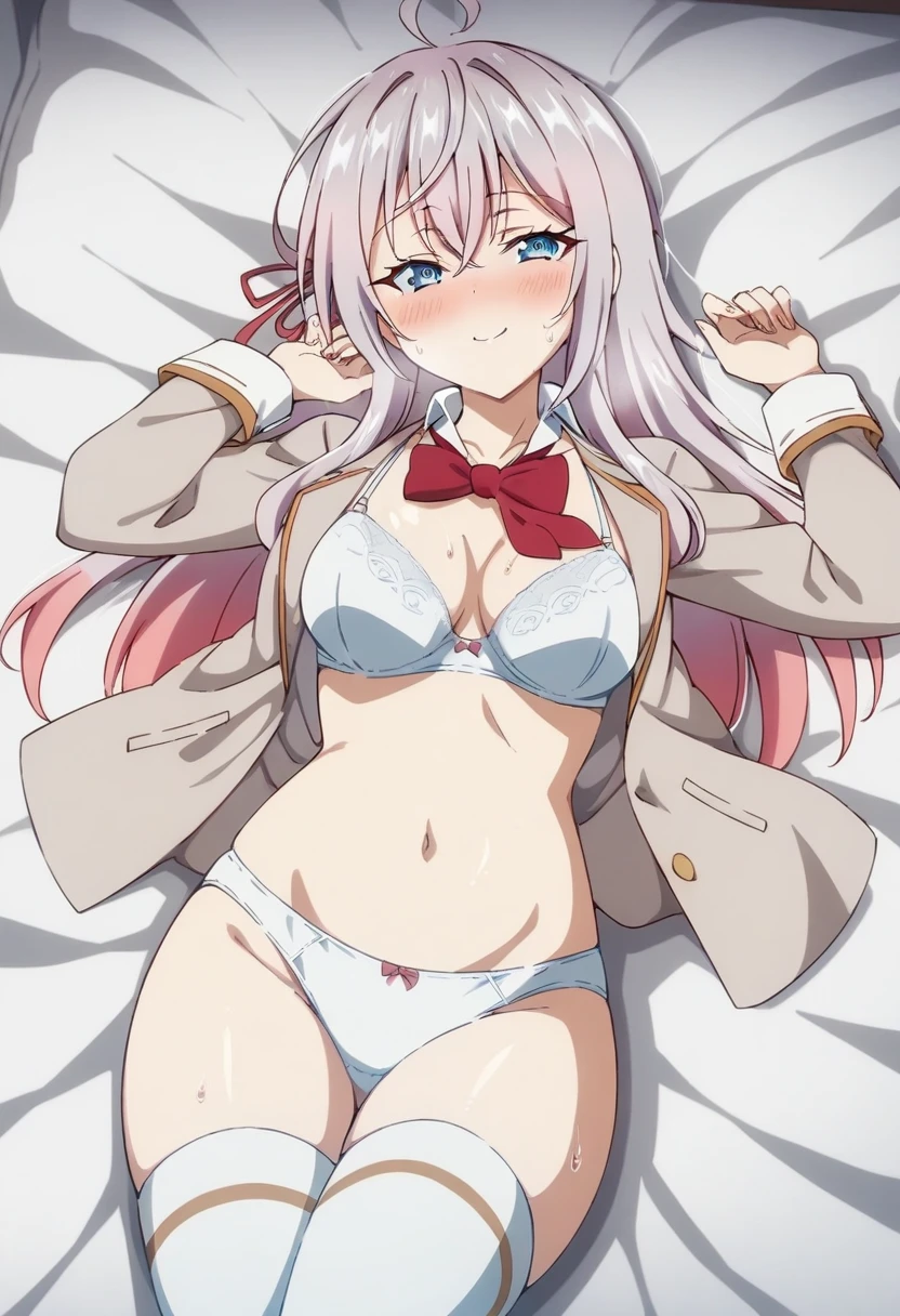 anime art style, 2d, masterpiece, best quality, very aesthetic, absurdres, dynamic shadows, atmosferic, alisa_mikhailovna, (1girl), (grey hair), long hair, blue eyes, detailed eyes, ahoge, hair between eyes, bangs, medium breasts, curvy body, makeup, ((intense blush)), sweat, cleavage, collarbone, grey jacket, (open clothes), white bra, white panties, red bowtie, loose bowtie, red hair ribbon, white thighhighs, (sexy smile), (cowboy shot), lying, looking at viewer, on bed