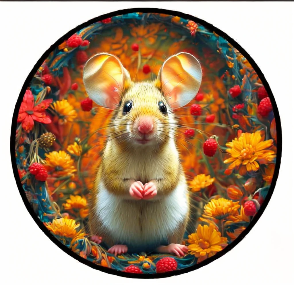 Circular design, photorealistic, a cute happy mouse with big ears surrounded by bright flowers. Yellow daisy flowers and red raspberries contrast against a white background, 8k, close-up, ultra detailed, popular on artstation, sharp focus, intricate details, very detailed, by greg rutkowski, movie stills, greg rutkowski, xxmix_cartercarter, leonardo style
info