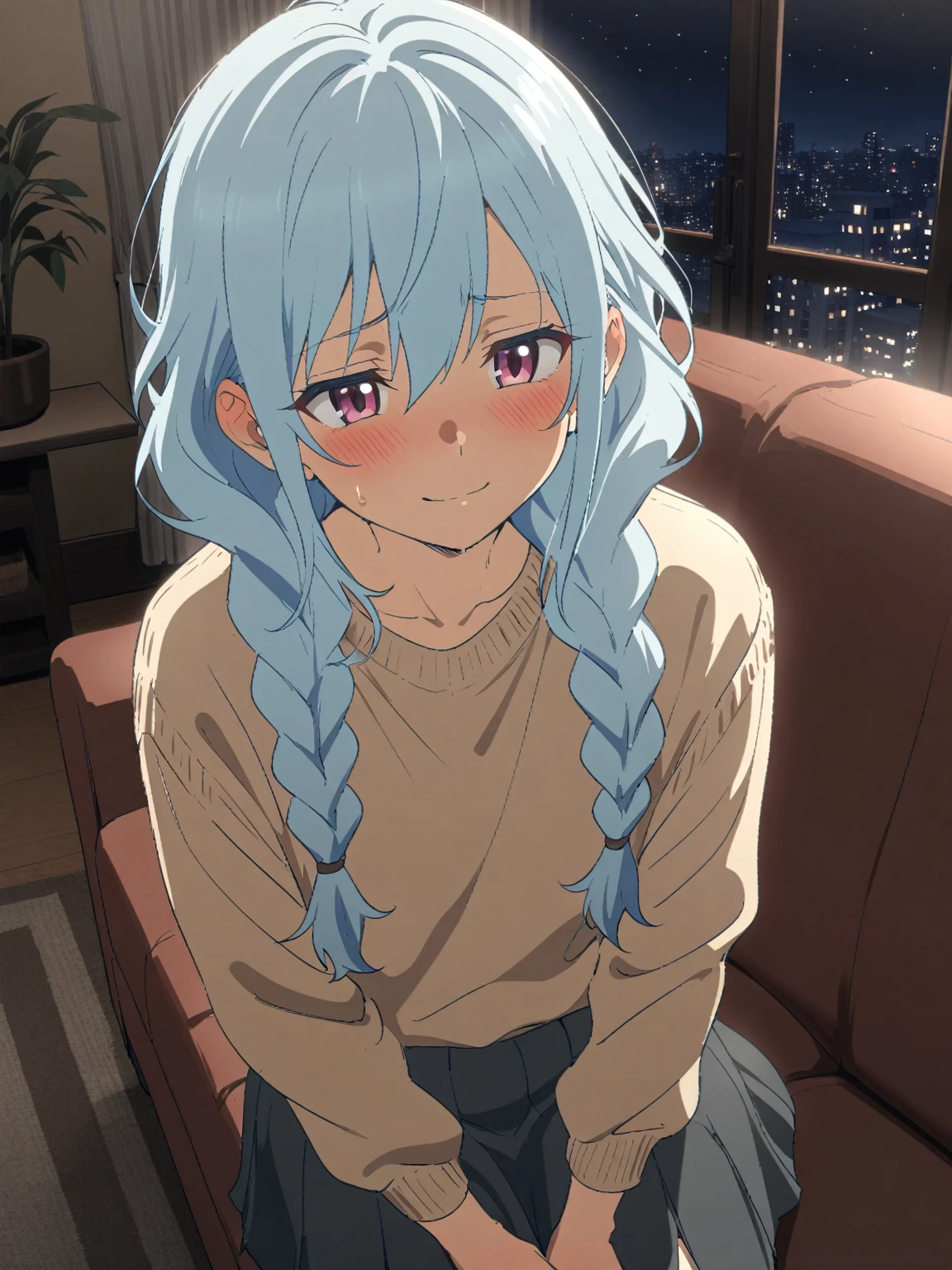 {{upper body}} {{Artist: sincos}} 1boy, mature male, light blue hair, long hair, braided hair, pink eyes, sad smile, androgynous, sweater, skirt, indoors, living room, night, sitting on couch, pov