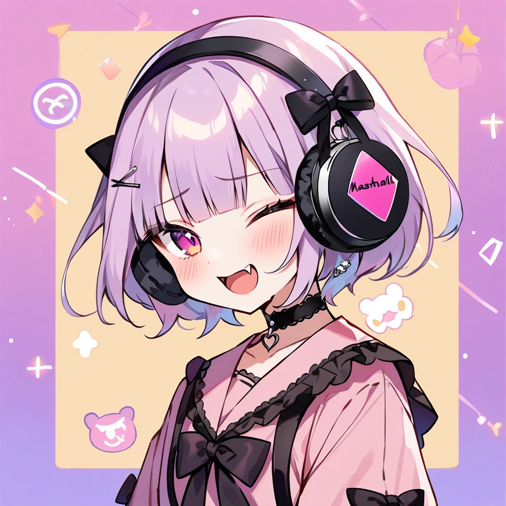 Top quality, masterpiece, chibi character, animal ear girl, peal purple and blunt bangs hair, twin braids, eyes closed, mouth wide open and screaming, blushing, smilng,fangs,(a girl with closs hair pin,
pink shirt,cosplay, jirai kei, bangs, black skirt, black bow, looking at viewer, bow, long sleeves, choker, ribbon,portrait  shot :1.4),From the side, he is wearing square headphones over his ears, and the Marshall logo is on the headphones.