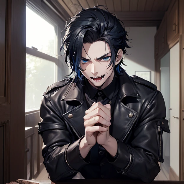 (master piece, best high quality image, very good detailed image, very good detailed character, very good detailed background, very detailed textures, carefully detailed and textures, character alone)
{{((1:character: 23 years old black hair boy, (pale skin, blue eyes, black shaggy hair, sadistic face, evil laughter, bleeding fists), (brown jacket), (cuicine room))}}