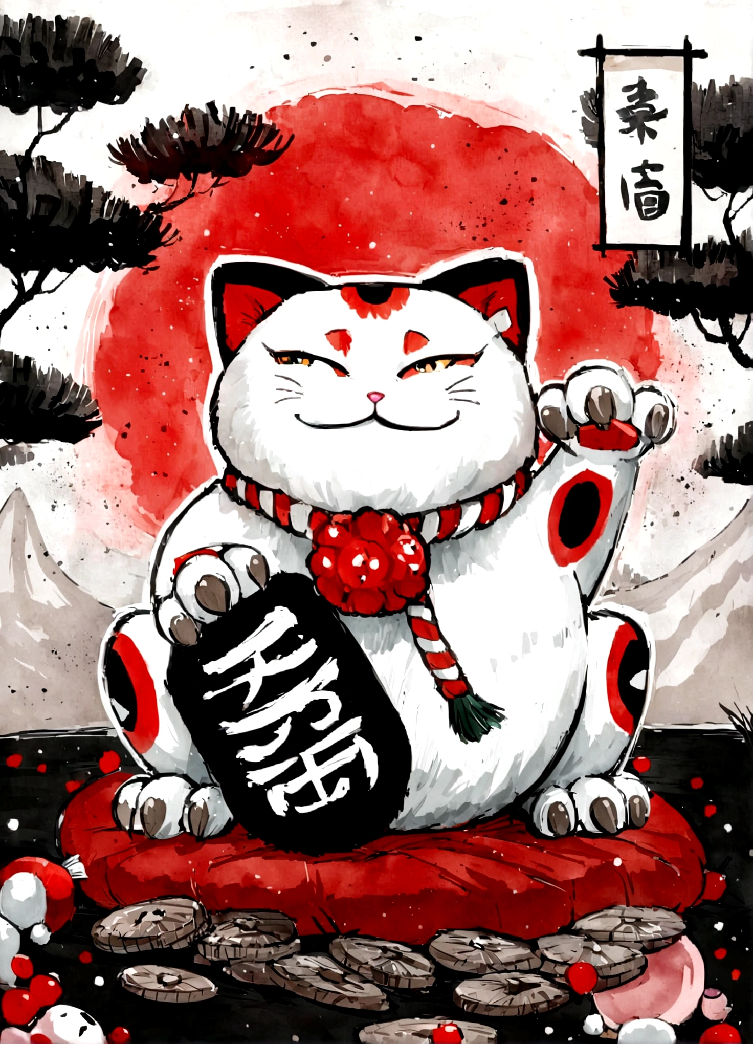 uma pintura de um gato sentado em uma pilha de moedas, Estilo de arte japonesa, anime cat, inspirado em Gatoken Shunshi, gato samurai, inspirado em Takeuchi Seiho, Estilo de desenho animado japonês, inspirado em Hanabusa Itchō, inspirado em Kaigetsudo Anchi, inspirado em Kanō Masanobu