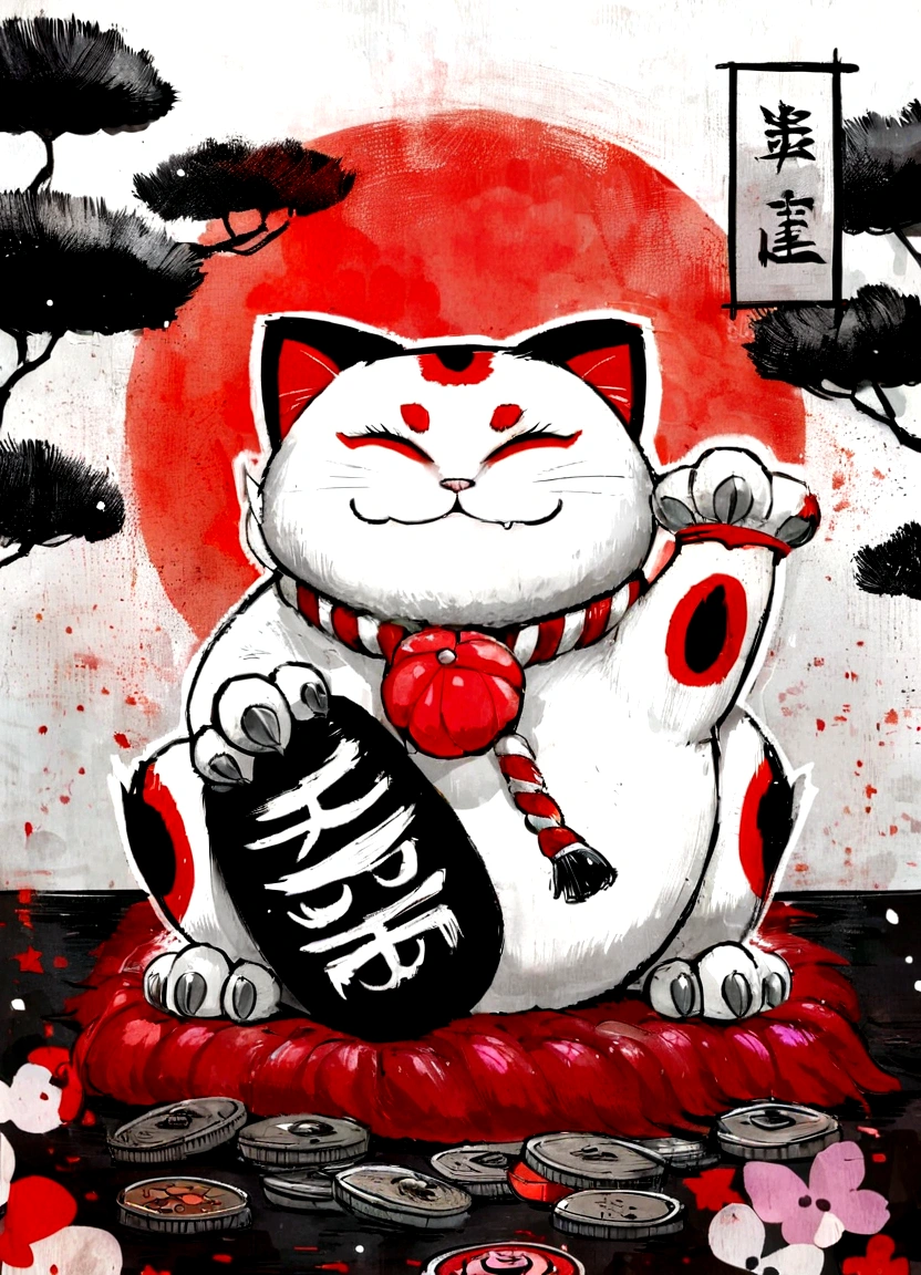 uma pintura de um gato sentado em uma pilha de moedas, Estilo de arte japonesa, anime cat, inspirado em Gatoken Shunshi, gato samurai, inspirado em Takeuchi Seiho, Estilo de desenho animado japonês, inspirado em Hanabusa Itchō, inspirado em Kaigetsudo Anchi, inspirado em Kanō Masanobu